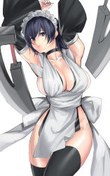 Rule 34 | 1girl, apron, arms up, ass, black eyes, black hair, black thighhighs, breasts, butterfly swords, choker, cleavage, collarbone, curvy, detached sleeves, feet out of frame, full body, highres, holding, holding weapon, iroha (samurai spirits), large breasts, looking at viewer, maid, maid headdress, no panties, parted lips, revealing clothes, samurai spirits, shiny skin, short hair, solo, sword, tetsu (kimuchi), thighhighs, weapon, white apron, white background, wide hips