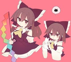 Rule 34 | 1girl, 76gpo, ascot, bare shoulders, bow, brown eyes, brown hair, cape, cat, closed mouth, commentary, detached sleeves, gohei, hair bow, hair tubes, hakurei reimu, holding, long hair, looking at viewer, multiple views, one-hour drawing challenge, rainbow gradient, red background, red bow, red shirt, red skirt, shide, shirt, sidelocks, simple background, skirt, speech bubble, touhou, white cape, wide sleeves, yellow ascot