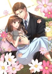 Rule 34 | 1boy, 1girl, animal, black suit, blush, brown eyes, brown hair, cat, couple, cover, cover page, dress, feet out of frame, flower, formal, hetero, highres, holding, holding animal, holding cat, hug, izumi (stardustalone), long hair, necktie, novel cover, official art, on lap, sitting, smile, suit