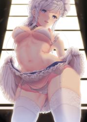 Rule 34 | 1girl, azur lane, backlighting, belfast (azur lane), blue eyes, blue skirt, bra, braid, breasts, chain, clothes lift, collar, commentary request, crotch seam, french braid, frilled panties, frilled skirt, frills, garter belt, gluteal fold, grey hair, head tilt, highres, lifting own clothes, long hair, looking at viewer, maid headdress, medium breasts, micro bra, micro panties, miniskirt, navel, nipple slip, nipples, no shirt, open mouth, panties, ricca, skirt, skirt lift, smile, solo, sparkle, standing, suggestive fluid, thighhighs, underwear, white bra, white panties, white thighhighs