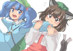 Rule 34 | 2girls, animal ears, backpack, bad id, bad pixiv id, bag, biting, blue eyes, blue hair, brown eyes, brown hair, cat ears, cat girl, cat tail, chen, female focus, hair bobbles, hair ornament, hat, highres, jewelry, kawashiro nitori, key, makoto na, mana (gooney), multiple girls, multiple tails, open mouth, short hair, smile, sweatdrop, tail, touhou, twintails, two side up