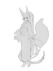 Rule 34 | 1girl, :t, absurdly long hair, absurdres, animal ears, closed mouth, commentary request, cotton candy, eating, food, food on face, fox ears, fox girl, fox tail, full body, greyscale, hair between eyes, highres, holding, holding food, japanese clothes, kimono, long hair, long sleeves, looking at viewer, monochrome, obi, original, ponytail, sash, simple background, sketch, solo, standing, tail, very long hair, white background, wide sleeves, yuuji (yukimimi)