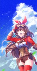 Rule 34 | 1girl, :d, amber (genshin impact), arm up, blue sky, breasts, brown eyes, brown gloves, brown hair, brown shorts, cloud, cloudy sky, commentary request, day, floating hair, genshin impact, gloves, goggles, goggles on head, hair between eyes, hair ribbon, highres, ittokyu, long hair, long sleeves, looking at viewer, medium breasts, open mouth, outdoors, red ribbon, ribbon, short shorts, shorts, shrug (clothing), signature, sky, smile, solo, teeth, thighhighs, upper teeth only, very long hair