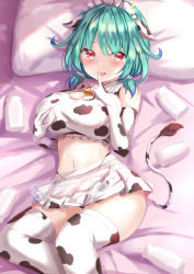 Rule 34 | 1girl, :d, alternate breast size, animal print, blush, bottle, breasts, colored tips, commentary request, cow horns, cow print, crop top, elbow gloves, feet out of frame, finger to mouth, gloves, green hair, highres, hololive, horns, large breasts, looking at viewer, lying, maid headdress, medium hair, miniskirt, multicolored hair, on back, on bed, open mouth, pillow, print gloves, print shirt, print skirt, print thighhighs, red eyes, scrunchie, shirt, shushing, skirt, smile, solo, thighhighs, uruha rushia, virtual youtuber, white gloves, white shirt, white skirt, white thighhighs, yuano