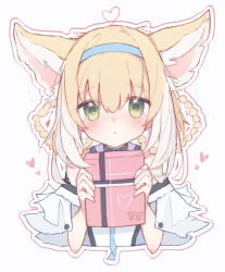 Rule 34 | :&lt;, animal ears, arknights, bare shoulders, blonde hair, blue hair, blush, box, box of chocolates, braid, braided hair rings, closed mouth, commentary, cropped torso, fox ears, fox girl, green eyes, hair rings, heart, holding, nalphanne, simple background, straight-on, suzuran (arknights), twin braids, valentine, white background