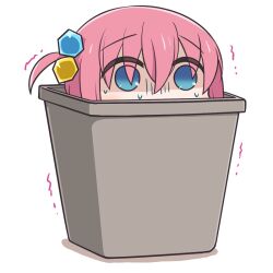 Rule 34 | 1girl, blue eyes, bocchi the rock!, cube hair ornament, denden, empty eyes, gloom (expression), gotoh hitori, hair between eyes, hair ornament, in container, in trash can, motion lines, one side up, pink hair, shaded face, simple background, solo, sweat, tareme, transparent background, trash can, trembling