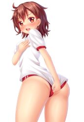 Rule 34 | 1girl, :o, absurdres, ass, blush, breast hold, breasts, brown hair, buruma, clothes pull, covering privates, covering ass, embarrassed, from behind, gym uniform, highres, looking at viewer, misaka mikoto, nottytiffy, open mouth, orange eyes, shirt, shirt pull, shirt tug, short hair, short sleeves, simple background, solo, standing, thighs, toaru kagaku no railgun, toaru majutsu no index, white background, white shirt