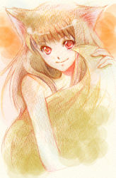 Rule 34 | 1girl, animal ears, bad id, bad pixiv id, brown hair, holo, hs, long hair, nude, red eyes, satomi hiroshi, smile, solo, spice and wolf, tail, traditional media, wolf ears, wolf tail