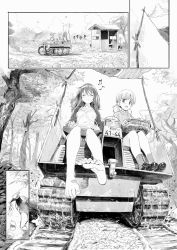 Rule 34 | 10s, 2girls, aki (girls und panzer), animal, barefoot, bird, blue jacket, blush, breasts, closed eyes, comic, crustacean, drying, drying clothes, emblem, feet, girls und panzer, greyscale, highres, instrument, jacket, kantele, keizoku school uniform, ladic, long hair, long sleeves, medium breasts, mika (girls und panzer), mikko (girls und panzer), miniskirt, monochrome, multiple girls, musical note, no shoes, open mouth, panties, quaver, raglan sleeves, school uniform, shirt, short hair, short twintails, shrimp, sitting, skirt, smile, soles, speech bubble, striped clothes, striped shirt, toes, track jacket, twintails, underwear, unworn panties, vertical-striped clothes, vertical-striped shirt