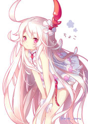 Rule 34 | 10s, 1girl, character name, choko (last period), dress, gloves, hair ornament, hands on own knees, last period, leaning forward, long hair, looking at viewer, messy hair, mimi (mimi puru), pink eyes, sleeveless, sleeveless dress, solo, twitter username, very long hair, white background, white dress, white gloves, white hair