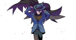 Rule 34 | 1boy, blue hat, blue jacket, closed mouth, commentary request, cowboy shot, creatures (company), game freak, hair between eyes, hands up, hat, highres, holding cloak, jacket, jewelry, long sleeves, looking at viewer, male focus, necklace, nintendo, pants, pokemon, pokemon dppt, redlhzz, riley (pokemon), shirt, smile, solo, spiked hair, white background