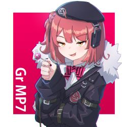 Rule 34 | 1girl, anaglyph, beret, blunt bangs, candy, chromatic aberration, food, fur trim, girls&#039; frontline, hat, headphones, highres, hood, jacket, kuro kosyou, lollipop, looking to the side, loose clothes, mp7 (girls&#039; frontline), nail polish, red hair, short hair, side ponytail, smug, solo, yellow eyes