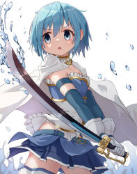 Rule 34 | 1girl, blue eyes, blue hair, blue skirt, cape, commentary request, elbow gloves, frills, gloves, highres, holding, holding sword, holding weapon, looking afar, magical girl, mahou shoujo madoka magica, mahou shoujo madoka magica (anime), miki sayaka, open mouth, puella anko, simple background, skirt, solo, sword, thighhighs, water drop, weapon, white background, white cape, white gloves, white thighhighs, zettai ryouiki