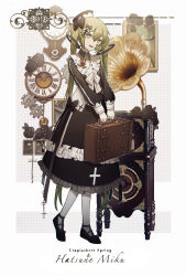 Rule 34 | 1girl, absurdres, analog clock, black dress, black flower, black footwear, black hat, black rose, bow, brooch, character name, clock, collared dress, cross, cross hair ornament, dress, facial mark, flower, full body, green eyes, green hair, hair between eyes, hair bow, hair ornament, hat, hatsune miku, head tilt, highres, holding, jewelry, konya karasue, long hair, long sleeves, looking at viewer, pantyhose, pendulum clock, phonograph, photo (object), ring hair ornament, roman numeral, rose, shoes, sidelocks, smile, solo, suitcase, twintails, v arms, very long hair, vocaloid, walking, wall clock, white background, white pantyhose