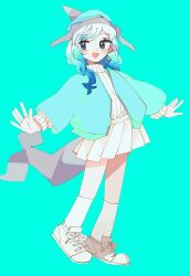 Rule 34 | 1girl, absurdres, blue background, blue hair, cetacean tail, common bottlenose dolphin (kemono friends), dolphin girl, fins, fish tail, full body, grey hair, hat, head fins, highres, jacket, kanmoku-san, kemono friends, looking at viewer, multicolored hair, shoes, short hair, simple background, skirt, socks, solo, sweater, tail, two-tone hair