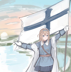 Rule 34 | 1girl, absurdres, belt, blonde hair, blue coat, blue eyes, blue hairband, blue skirt, blush, brown belt, cloak, closed mouth, coat, feet out of frame, finnish flag, flag, girls&#039; frontline, gloves, hairband, highres, holding, holding flag, long hair, looking away, rampart1028, simple background, skirt, solo, standing, suomi (girls&#039; frontline), uwu, white cloak, white gloves, winter clothes, winter coat