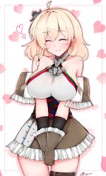 Rule 34 | 1girl, 2018, ^ ^, ahoge, alternate breast size, anchor, azur lane, bare shoulders, blonde hair, blush, braid, breasts, brown gloves, brown skirt, capelet, chiru (218mg), closed eyes, closed mouth, collarbone, cowboy shot, dated, eyebrows, feathers, fringe trim, gloves, hair between eyes, hair ornament, halterneck, heart, heart background, highres, large breasts, miniskirt, oklahoma (azur lane), remodel (azur lane), short hair, side braid, signature, single braid, skirt, smile, solo, standing, v arms