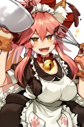 Rule 34 | 1girl, animal ear fluff, animal ears, animal hands, apron, bell, black dress, blush, bow, breasts, collar, dress, fate/extra, fate/grand order, fate (series), fox ears, fox girl, fox tail, frills, gloves, hair between eyes, hair bow, highres, jingle bell, katsuobushi (eba games), large breasts, long hair, looking at viewer, mixing bowl, neck bell, open mouth, paw gloves, pink hair, ponytail, puffy short sleeves, puffy sleeves, red bow, short sleeves, sidelocks, smile, solo, tail, tamamo (fate), tamamo cat (fate), whisk, white apron, yellow eyes