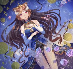 Rule 34 | 1girl, animal ear fluff, animal ears, black leotard, blue dress, brown hair, commentary, detached sleeves, dress, english commentary, flower, hazumi aileen, hc (razel1), highres, indie virtual youtuber, leotard, lily pad, lion ears, lion girl, long hair, low wings, parted lips, partially submerged, pink flower, purple flower, purple rose, red eyes, rose, second-party source, solo, tiara, very long hair, virtual youtuber, water, wings