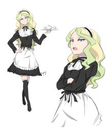 Rule 34 | 10s, 1girl, alternate costume, ar jart, artist name, blonde hair, blue eyes, commentary, cowboy shot, crossed arms, diana cavendish, enmaided, full body, hand on own hip, highres, little witch academia, looking at viewer, maid, multiple views, socks, tea set