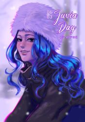 Rule 34 | 1girl, absurdres, annlu vazzel, artist name, black eyes, black sweater, blue hair, blurry, blurry background, character name, dated, fairy tail, from side, fur hat, grin, hat, highres, juvia lockser, long hair, looking at viewer, smile, snow, solo, sweater, teeth