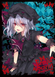 Rule 34 | &gt;:d, 1girl, :d, alternate color, alternate hair color, ascot, bat wings, black dress, blush, brooch, bug, butterfly, character name, circle name, cowboy shot, dress, frilled dress, frills, hat, hat ribbon, bug, jewelry, kobayashi yoshitaka, looking at viewer, mob cap, open mouth, puffy short sleeves, puffy sleeves, red eyes, red ribbon, remilia scarlet, ribbon, short sleeves, silver hair, smile, solo, touhou, v-shaped eyebrows, wings, wrist cuffs