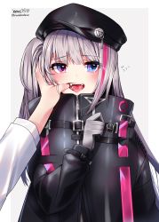 Rule 34 | 1girl, beret, black headwear, black jacket, commentary request, fangs, finger in another&#039;s mouth, flying sweatdrops, girls&#039; frontline, gloves, grey background, grey gloves, hand up, hat, highres, jacket, long hair, long sleeves, mdr (girls&#039; frontline), multicolored hair, one side up, open mouth, out of frame, pink hair, saliva, signature, silver hair, solo focus, streaked hair, tongue, twitter username, two-tone background, upper body, white background, xes (xes 5377)