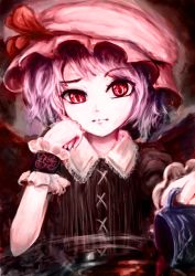Rule 34 | 1girl, alternate costume, bad id, bad pixiv id, black dress, blue hair, cup, dress, face, female focus, glass table, hand on own face, hat, helrouis, red eyes, remilia scarlet, short hair, solo, spilling, table, touhou