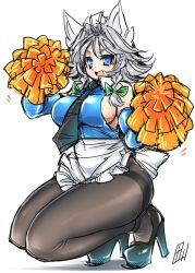 Rule 34 | 1girl, apron, bare shoulders, blue eyes, braid, breasts, commentary request, elbow gloves, full body, gloves, grey hair, hair between eyes, high heels, highres, izayoi sakuya, large breasts, leotard, looking at viewer, maid apron, necktie, open mouth, pantyhose, sideboob, simple background, solo, tajima yuuki, tongue, touhou, twin braids, watermark, white background