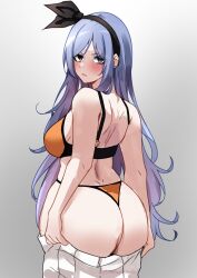 Rule 34 | 1girl, absurdres, animeattics, ass, ass focus, bae minah (chaesu), bikini, black hairband, blue hair, blush, borrowed character, bow hairband, breasts, commentary, curvy, english commentary, from behind, hairband, highres, huge ass, inconvenient ass, large breasts, long hair, looking back, orange bikini, original, pleated skirt, pulling own clothes, skirt, solo, standing, swimsuit, thong bikini, wardrobe malfunction, white skirt