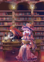 Rule 34 | 2girls, arch, bespectacled, book, book stack, bookshelf, bow, capelet, chair, desk, dress, expressionless, glasses, hair bow, hat, hat ribbon, head wings, highres, hiyuu (hiyualice), indoors, koakuma, lantern, library, lights, long hair, long sleeves, multiple girls, open book, pale skin, patchouli knowledge, profile, purple eyes, purple hair, reading, red-framed eyewear, red hair, ribbon, robe, semi-rimless eyewear, sidelocks, sitting, skirt, skirt set, striped clothes, striped dress, touhou, under-rim eyewear, voile, wings
