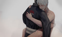 Rule 34 | 2boys, arm around back, black hair, blush, breath, clothed male nude male, colored skin, commentary, datomato, grey hair, hand on another&#039;s shoulder, hatake kakashi, hickey, highres, implied anal, implied sex, male focus, moaning, mole, mole under mouth, multicolored skin, multiple boys, muscular, muscular male, naruto (series), naruto shippuuden, nude, open clothes, open mouth, red eyes, scar, scar across eye, sharingan, short hair, spread legs, standing, straddling, suspended congress, sweat, trembling, two-tone skin, uchiha obito, uchiha symbol, wide sleeves, yaoi