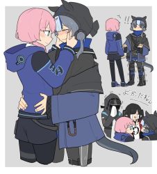 Rule 34 | !, !!, 1other, 3girls, arknights, black hair, blue eyes, blue hair, blue jacket, blue poison (arknights), blush, closure (arknights), crying, doctor (arknights), glaucus (arknights), hands on another&#039;s face, happy tears, hood, hood down, hood up, hooded jacket, hug, jacket, kumamoto aichi, long hair, long sleeves, low twintails, multicolored hair, multiple girls, pink hair, pointy ears, smile, streaked hair, streaming tears, t t, tearing up, tears, trembling, twintails, yuri