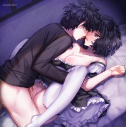 Rule 34 | 1boy, 1girl, amamiya ren, bar censor, bed sheet, black hair, breasts, censored, cleavage, collarbone, dutch angle, grey eyes, hetero, highres, imminent kiss, kawakami sadayo, lying, maid, medium breasts, nipples, on back, on bed, penis, persona, persona 5, pussy, sex, short hair, short sleeves, spread legs, teacher and student, tears, thighhighs, twitter username, white thighhighs, yaoto