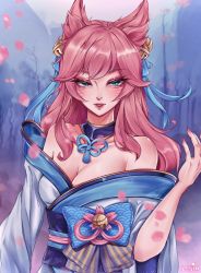 Rule 34 | 1girl, absurdres, ahri (league of legends), alternate costume, alternate hair color, alternate hairstyle, animal ear fluff, animal ears, bare shoulders, bell, blue eyes, blush, breasts, cherry blossoms, choker, cleavage, detached sleeves, facial mark, forest, fox ears, fox tail, hair bell, hair between eyes, hair ornament, hair ribbon, highres, japanese clothes, kimono, large breasts, league of legends, long hair, looking at viewer, lysiaaaa, mountain, multiple tails, nail polish, nature, open mouth, outdoors, petals, pink hair, pink nails, ribbon, smile, solo, spirit blossom ahri, tail, tree, vastaya, whisker markings