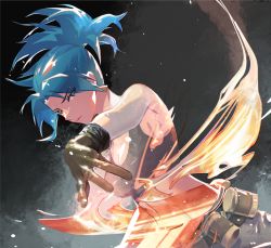 Rule 34 | 1girl, belt, black background, black gloves, black pants, black tank top, blue eyes, blue hair, breasts, closed mouth, cofffee, earrings, gloves, jewelry, leona heidern, looking at viewer, military, military uniform, pants, ponytail, simple background, slashing, solo, tank top, the king of fighters, the king of fighters xii, the king of fighters xiii, triangle earrings, uniform