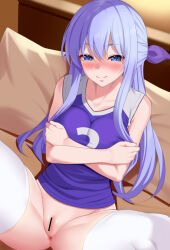 Rule 34 | 1girl, anus, bar censor, bare shoulders, blue eyes, blue hair, blue shirt, blurry, blurry background, blush, bottomless, bow, breasts, censored, closed mouth, collarbone, couch, crossed arms, hair between eyes, hair bow, huyumitsu, indoors, large breasts, long hair, looking at viewer, on couch, original, pillow, purple bow, pussy, shirt, short shorts, shorts, sidelocks, sitting, sleeveless, sleeveless shirt, smile, solo, sportswear, spread legs, thighhighs, very long hair, volleyball uniform, white thighhighs
