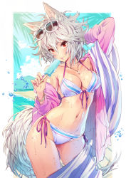 Rule 34 | 1girl, :p, alternate costume, animal ears, arm up, beach, bikini, bracelet, breasts, cleavage, contrapposto, eyewear on head, female focus, food, front-tie top, gradient background, groin, hair between eyes, inubashiri momiji, jacket, jewelry, large breasts, looking at viewer, matsuda (matsukichi), navel, necklace, off shoulder, outdoors, palm tree, pendant, popsicle, red eyes, side-tie bikini bottom, silver hair, smile, solo, sparkle, standing, sunglasses, sweat, swimsuit, tail, tongue, tongue out, touhou, tree, water drop, wolf ears, wolf tail