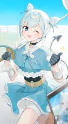 Rule 34 | 1girl, :3, :d, absurdres, bell, black choker, black gloves, blue capelet, blue dress, blue eyes, blue hair, capelet, cellphone, choker, cone hair bun, day, demon tail, dress, gloves, hair bun, half gloves, highres, holding, holding phone, holding sword, holding weapon, jingle bell, looking at viewer, lumeru 33, neck bell, one eye closed, open mouth, outdoors, phone, rapier, sash, smartphone, smile, solo focus, sword, tail, weapon
