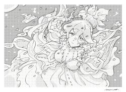 Rule 34 | 1girl, air bubble, breasts, bubble, closed mouth, commentary, greyscale, hair between eyes, hair bun, highres, houseki no kuni, large breasts, lililin, monochrome, sad, short sleeves, single hair bun, solo, submerged, tentacles, underwater, ventricosus, water