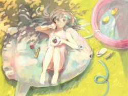 Rule 34 | 1girl, aqua hair, bad id, bad pixiv id, barefoot, bracelet, chopsticks, dappled sunlight, eating, feet, fish, from above, grass, hatsune miku, hose, jewelry, keipomjp, knees to chest, long hair, lying, on back, rubber duck, sandals, shade, solo, spring onion, sunfish, sunlight, vocaloid, wading pool, wasabi, water