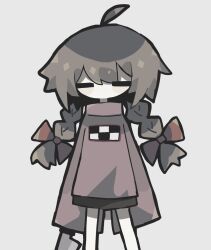 Rule 34 | 1girl, ahoge, black outline, black skirt, blush stickers, bow, braid, brown hair, closed eyes, commentary, facing viewer, feet out of frame, grey background, hair bow, highres, holding, holding knife, inm 6904, knife, long hair, long sleeves, madotsuki, miniskirt, multiple hair bows, no mouth, outline, print sweater, purple sweater, red bow, simple background, skirt, sleeves past fingers, sleeves past wrists, solo, straight-on, sweater, turtleneck, turtleneck sweater, twin braids, yume nikki