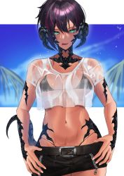 Rule 34 | 1girl, absurdres, au ra, warrior of light (ff14), belt, bikini, bikini under clothes, black bikini, black hair, breasts, commission, cropped shirt, dark-skinned female, dark skin, dragon horns, dragon tail, final fantasy, final fantasy xiv, green eyes, highres, horns, j.moon, large breasts, licking lips, looking at viewer, miniskirt, multicolored hair, navel, scales, see-through, short hair, skirt, solo, streaked hair, swimsuit, tail, tongue, tongue out, two-tone hair, wet, wet clothes, zipper, zipper pull tab