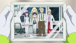 Rule 34 | 2boys, 2girls, aether foundation uniform, blonde hair, creatures (company), faba (pokemon), game freak, green eyes, lusamine (pokemon), mohn (pokemon), multiple boys, multiple girls, nintendo, pants, pantyhose, pokemon, pokemon (anime), pokemon sm (anime), purple hair, purple shirt, red pants, screencap, shirt, sunglasses, thighhighs, wicke (pokemon), aged down