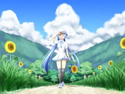 Rule 34 | 1girl, blue hair, closed eyes, cloud, day, dress, flower, grass, hat, hatsune miku, highres, long hair, md5 mismatch, nanatsuba, necktie, open mouth, project diva (series), project diva f, resolution mismatch, sky, solo, source smaller, sunflower, thighhighs, time machine (vocaloid), tree, twintails, very long hair, vocaloid