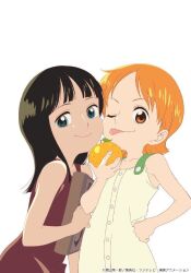 Rule 34 | 2girls, :p, aged down, bare arms, bare shoulders, black hair, blue eyes, book, child, clenched hand, closed mouth, collarbone, dress, female focus, flat chest, food, hand on own hip, holding, holding book, holding food, leaning on person, looking at viewer, matching hair/eyes, medium hair, multiple girls, nami (one piece), nico robin, nose, official alternate costume, one eye closed, one piece, orange eyes, orange hair, short hair, simple background, sleeveless, sleeveless dress, smile, standing, tareme, tongue, tongue out, upper body, white background