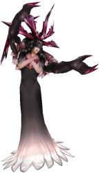 Rule 34 | 1990s (style), 1girl, 3d, black hair, crossed arms, dress, female focus, final fantasy, final fantasy viii, full body, monster girl, official art, retro artstyle, simple background, solo, standing, ultimecia, wings