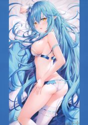 Rule 34 | 1girl, absurdres, ass, bare arms, bare shoulders, blue hair, bra, braid, breasts, fingernails, hair ornament, half updo, highres, hololive, huge filesize, long hair, looking at viewer, looking back, lying, medium breasts, on stomach, open bra, panties, pointy ears, pulled by self, rin yuu, scan, shiny skin, sideboob, simple background, single thighhigh, solo, thighhighs, thighs, underwear, underwear only, very long hair, virtual youtuber, yellow eyes, yukihana lamy