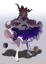Rule 34 | 1girl, absurdres, barefoot, bow, chain, cuffs, glowing, glowing eyes, hair bow, highres, horn bow, horn ornament, horn ribbon, horns, ibuki suika, long hair, open mouth, orange hair, purple skirt, red eyes, ribbon, shackles, shirt, simple background, skirt, sleeveless, sokura (mochichitose), solo, torn clothes, touhou, white background