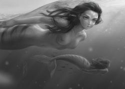 Rule 34 | 2girls, absurdres, closed mouth, collarbone, commentary, completely nude, english commentary, fish, forehead, full body, greyscale, highres, huge filesize, kotikomori, light rays, long hair, mermaid, monochrome, monster girl, multiple girls, navel, nipples, nude, original, partially underwater shot, scales, smile, solo focus, stomach, submerged, sunbeam, sunlight, swimming, underwater
